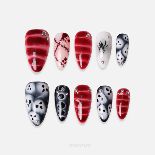 Bloody Boo halloween press on nails with blood red stripes, ghosts, spider and stitches