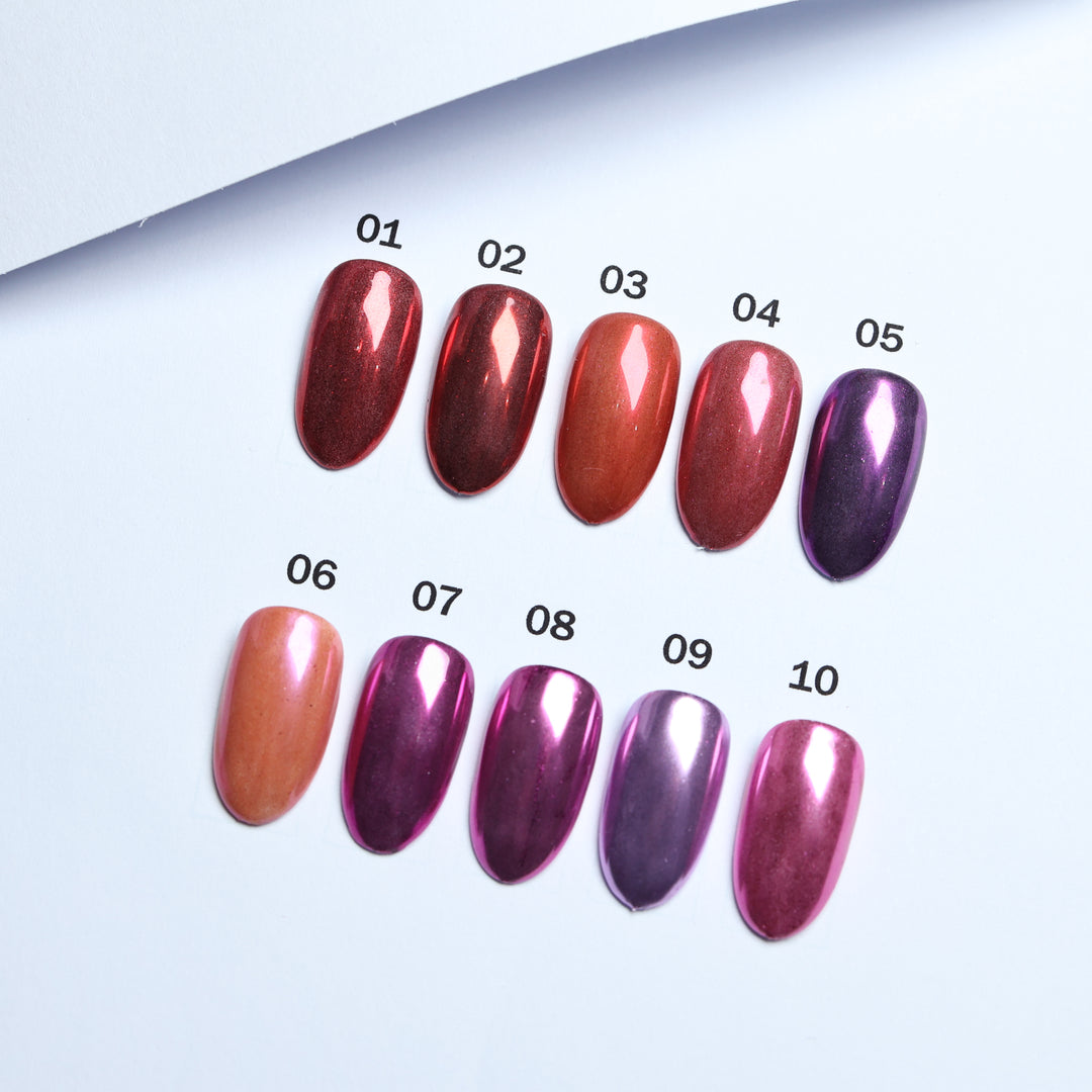 Chrome • 51 Colors Available press-on nails shown in close-up, with numbered chrome shades in red, orange, pink, and purple