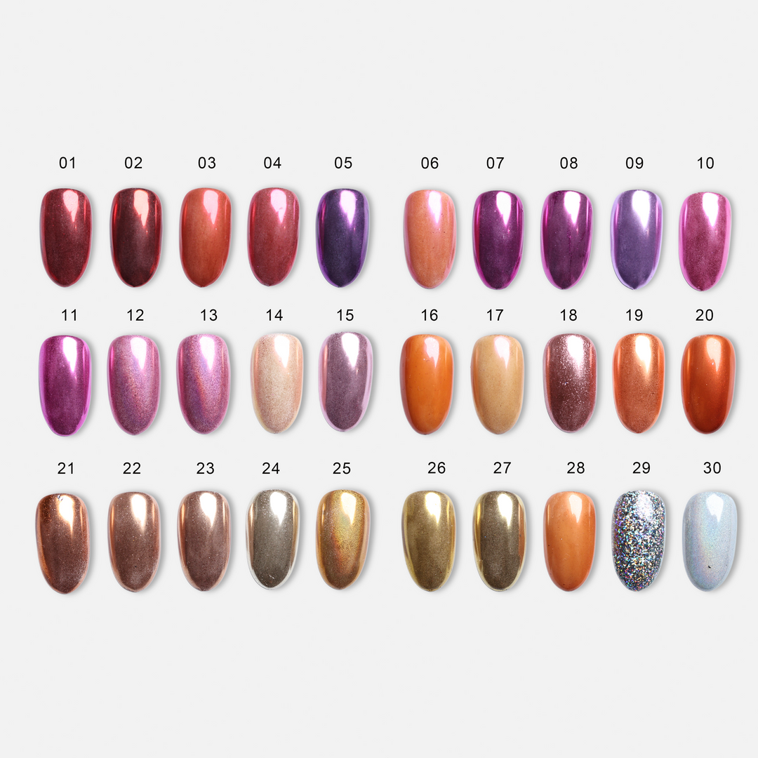 Chrome • 51 Colors Available press-on nails in assorted chrome shades, laid out by color swatches