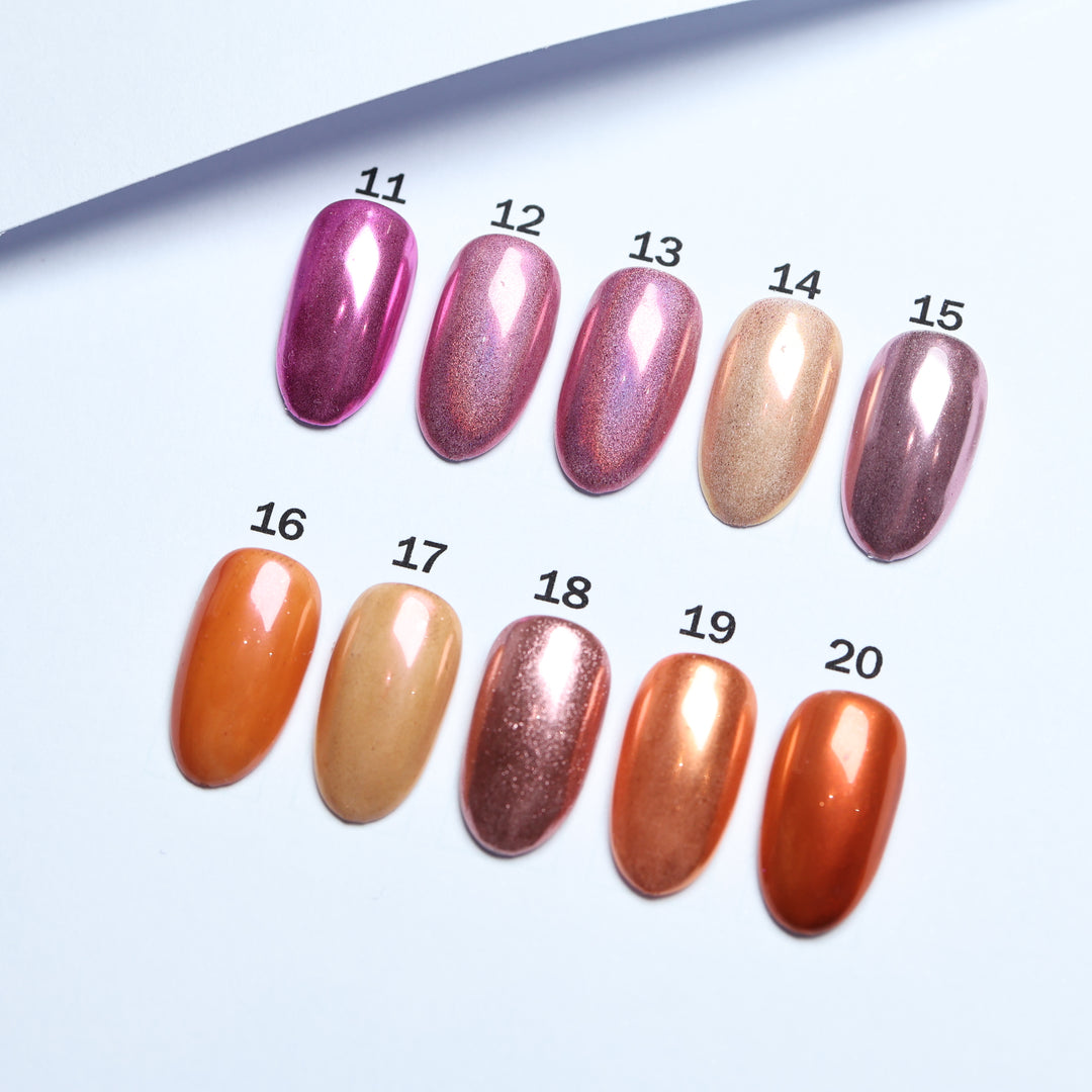 Chrome • 51 Colors Available press-on nails displayed in 10 shimmering shades, numbers 11-20