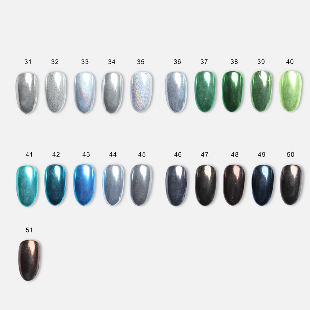 Chrome • 51 Colors Available press-on nails shown as color samples, metallic silver, green, blue, and dark chrome shades
