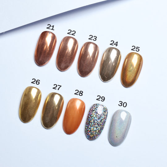 Chrome • 51 Colors Available press-on nails shown in a close-up with metallic chrome swatches 21-30