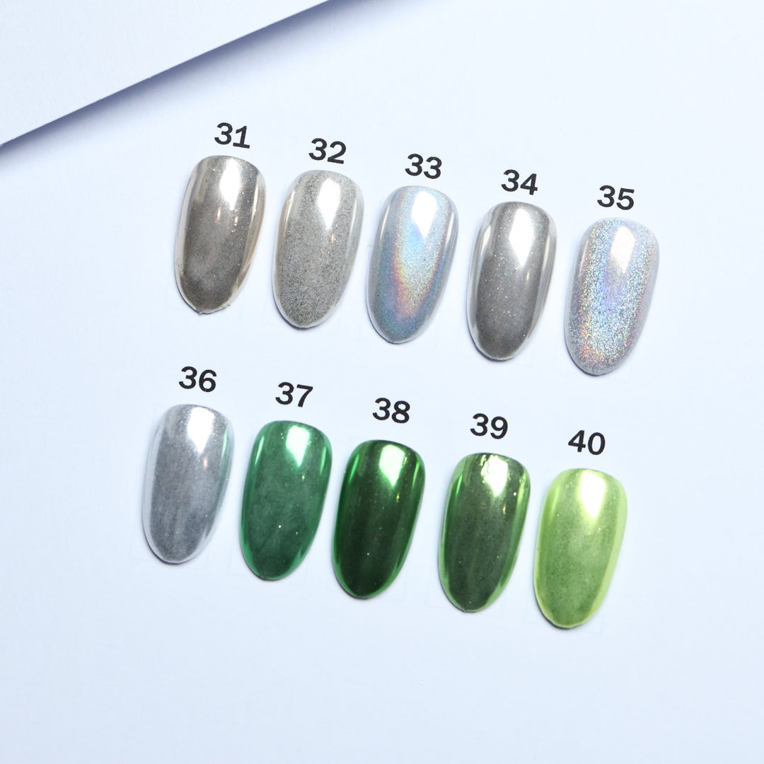 Chrome • 51 Colors Available press-on nails swatches in silver, holographic, and green metallic shades, laid out and numbered 31-40