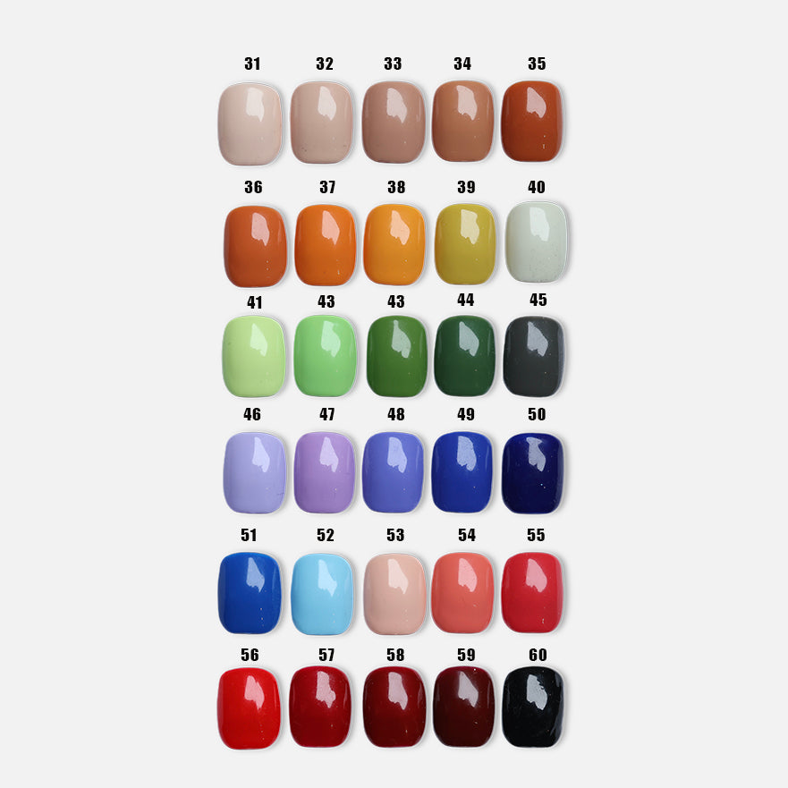 Classic Solid • 60 Colors Available press-on nails color chart with glossy square tips, shown laid out in rows.