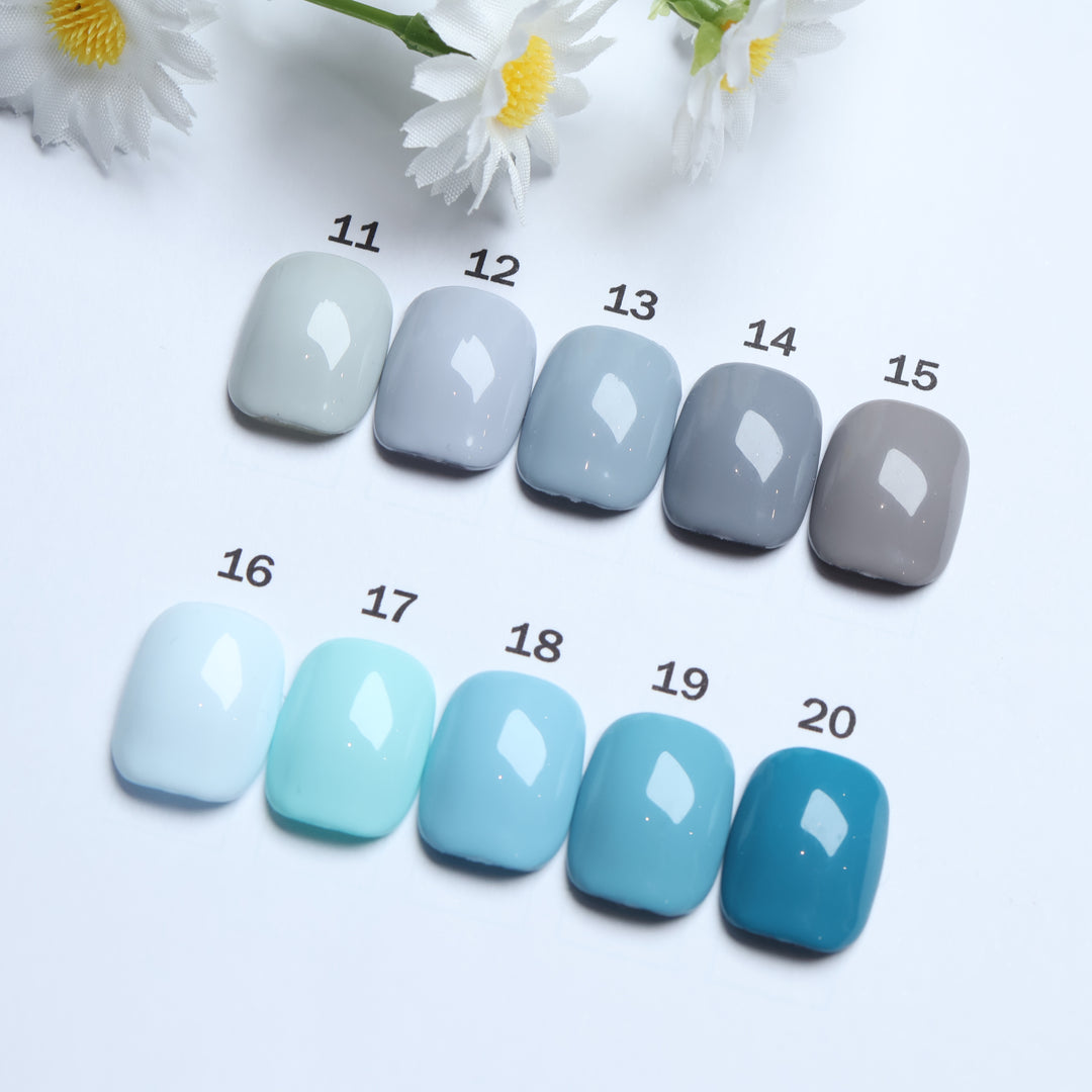 Classic Solid • 60 Colors Available press-on nails, color swatches 11-20 in glossy gray and blue shades