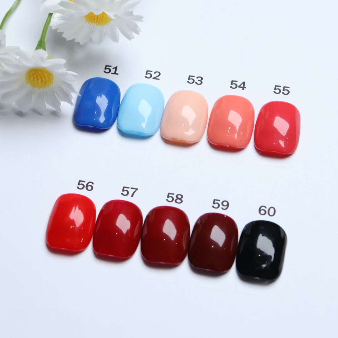 Classic Solid  • 60 Colors Available press-on nails in blue, red, peach, burgundy, and black swatches