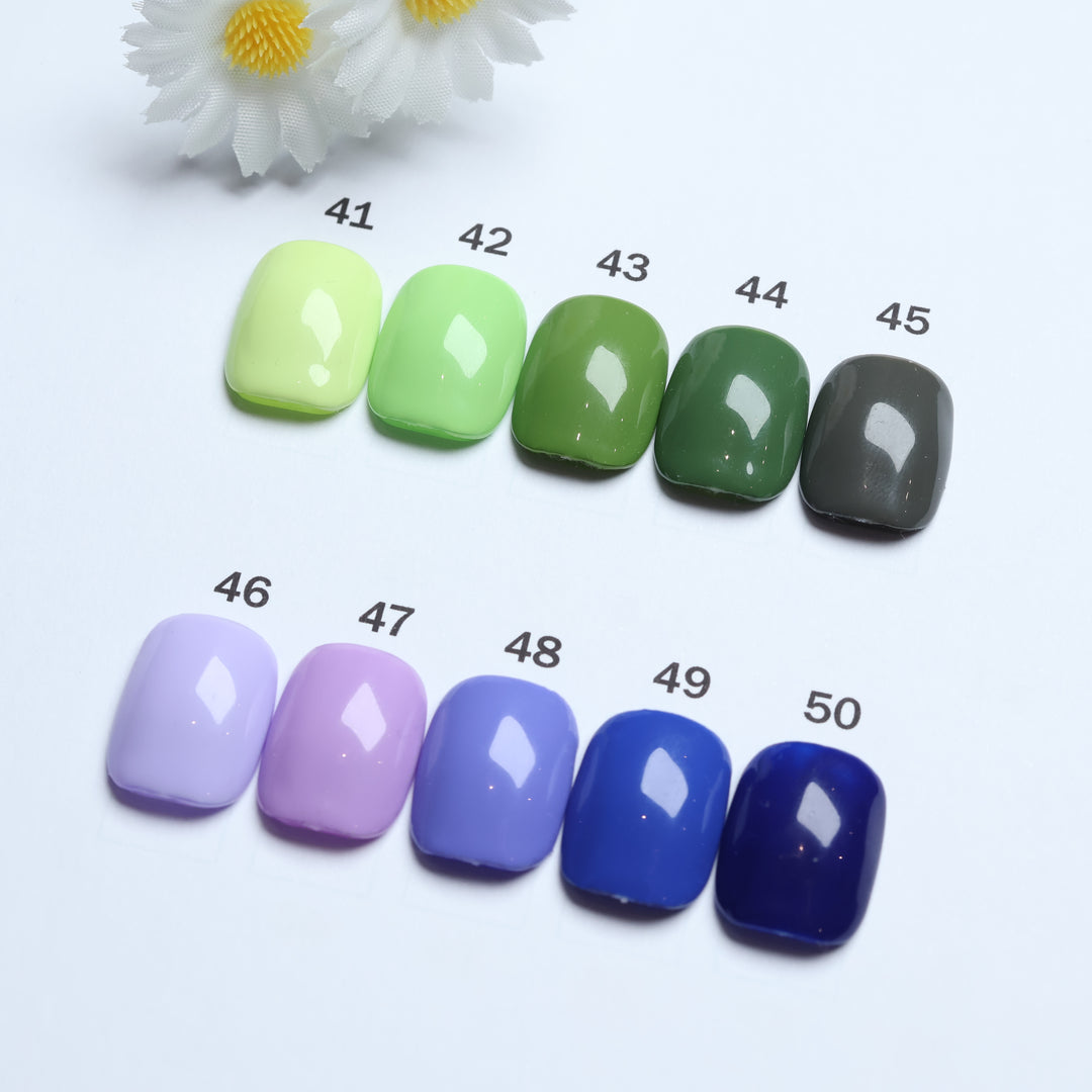 Classic Solid  • 60 Colors Available press-on nails color swatches 41-50 in green, purple and blue shades