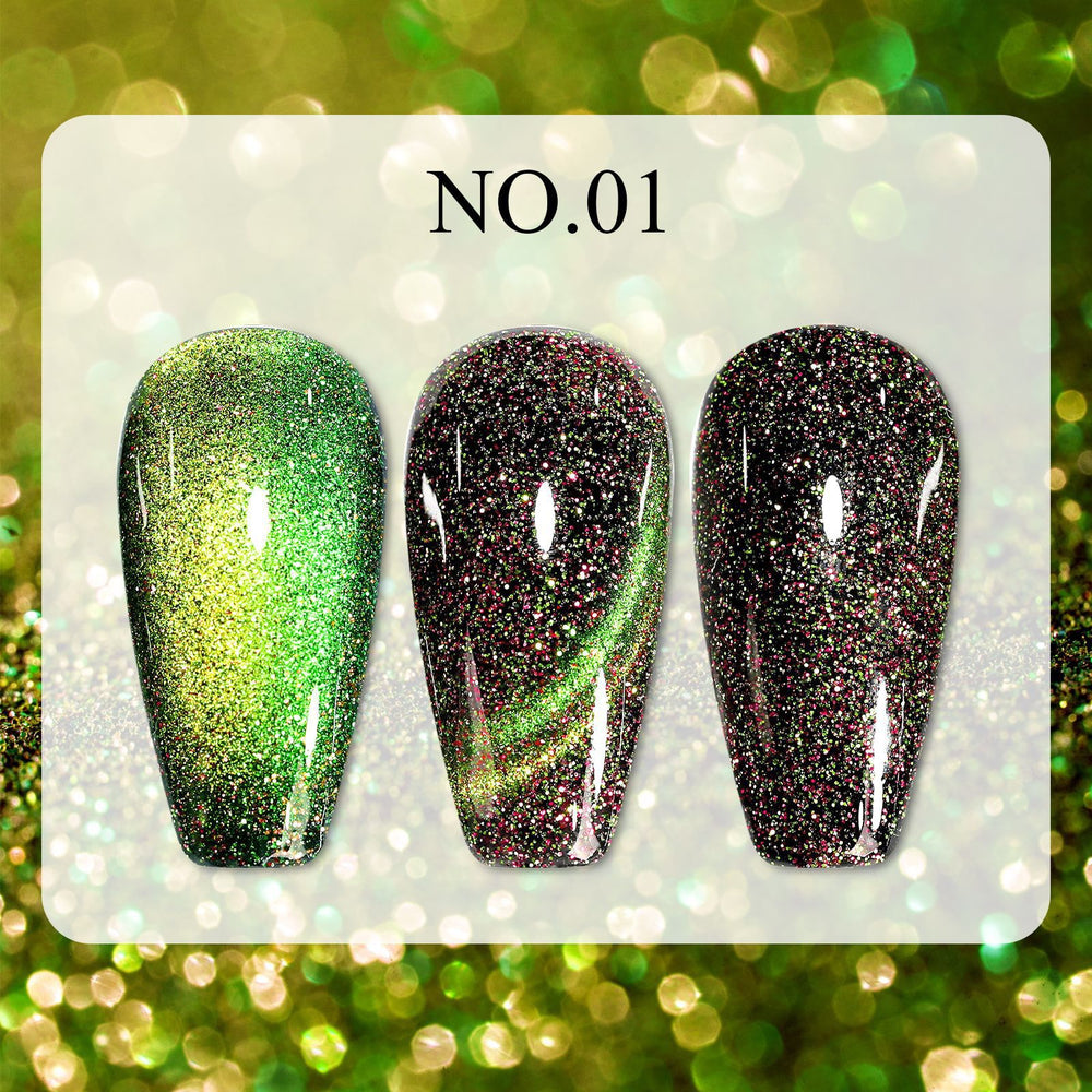 Dreamy Cat Eye • 12 Colors Available press-on nails, glittery green wide light effect and dark arc styles, shown on display