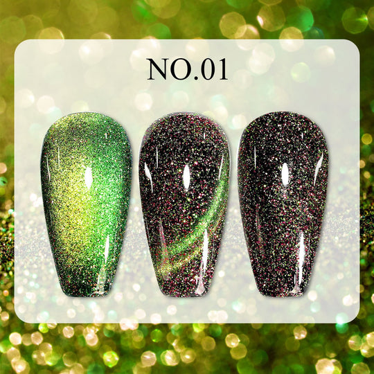 Dreamy Cat Eye • 12 Colors Available press-on nails, glittery green wide light effect and dark arc styles, shown on display