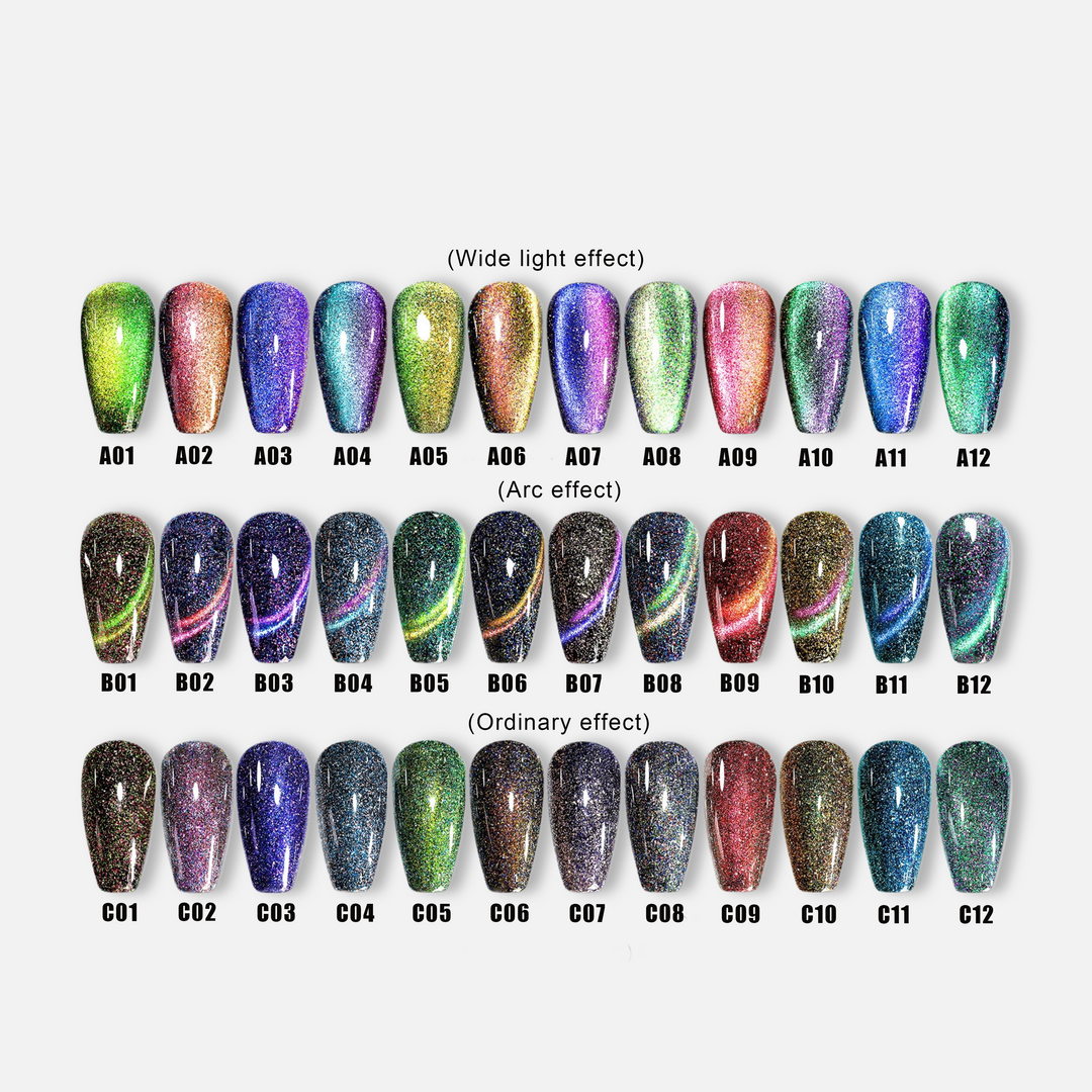 Dreamy Cat Eye • 12 Colors Available press-on nails shown laid out in wide light effect, arc effect, and ordinary effect styles.