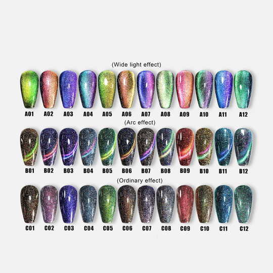 Dreamy Cat Eye • 12 Colors Available press-on nails shown laid out in wide light effect, arc effect, and ordinary effect styles.