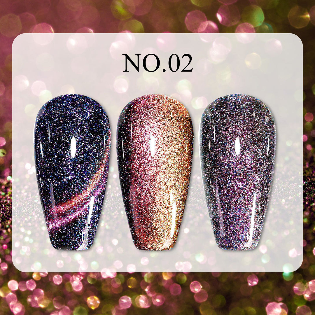 Dreamy Cat Eye • 12 Colors Available NO.02 press-on nails shown in close-up with glittering cat eye shimmer and arc effect