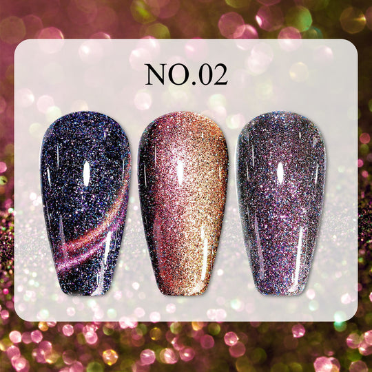Dreamy Cat Eye • 12 Colors Available NO.02 press-on nails shown in close-up with glittering cat eye shimmer and arc effect