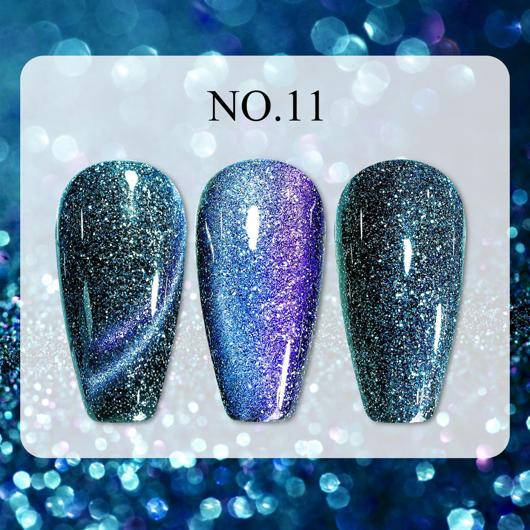Dreamy Cat Eye • 12 Colors Available press-on nails, three glittery cat eye swatches in blue and purple tones