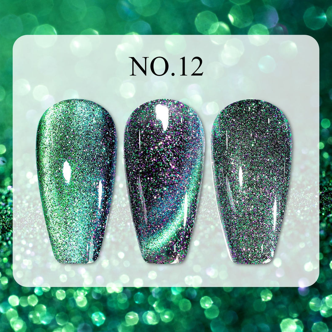 Dreamy Cat Eye • 12 Colors Available press-on nails, No.12 with sparkling green-purple glitter in three styles
