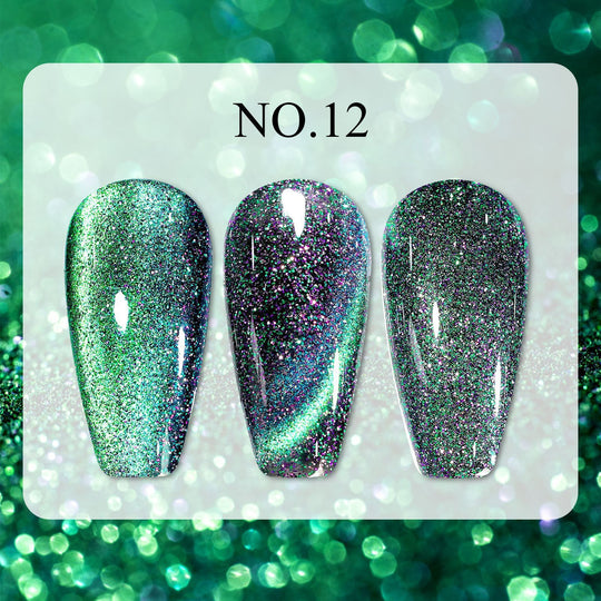 Dreamy Cat Eye • 12 Colors Available press-on nails, No.12 with sparkling green-purple glitter in three styles