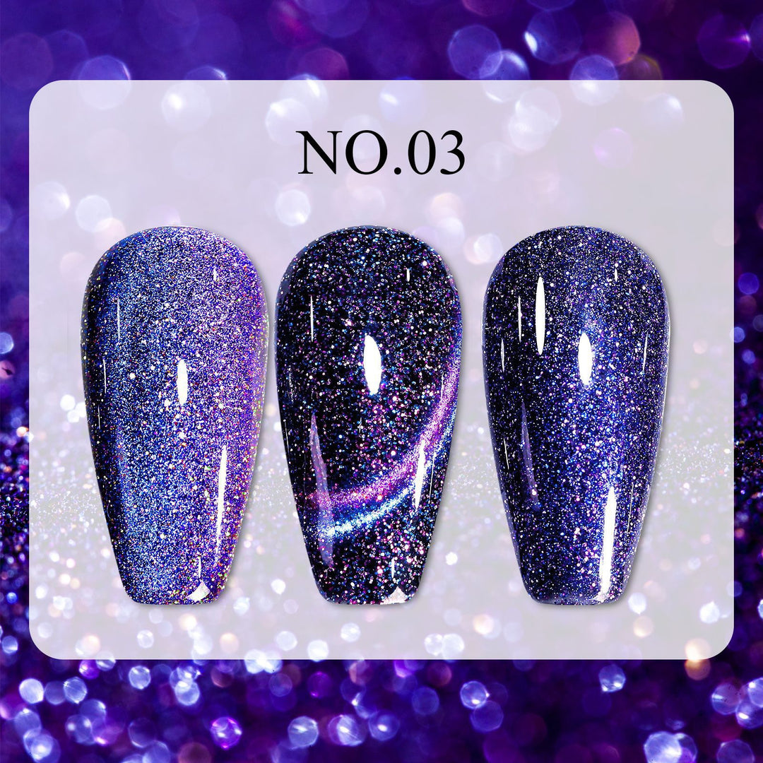 Dreamy Cat Eye • 12 Colors Available press-on nails in No.03 with purple-blue glitter and glossy cat eye shimmer