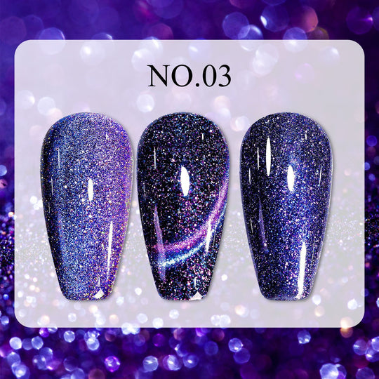 Dreamy Cat Eye • 12 Colors Available press-on nails in No.03 with purple-blue glitter and glossy cat eye shimmer
