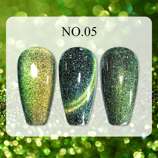 Dreamy Cat Eye • 12 Colors Available press-on nails in 3 glittery cat eye styles, shown in close-up, No.05