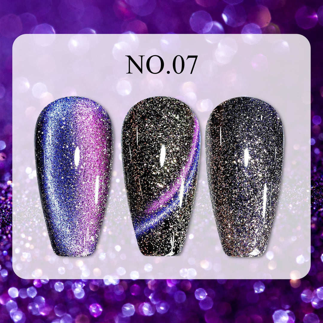 Dreamy Cat Eye • 12 Colors Available press-on nails, shown in three sparkling cat eye styles with blue, pink and black shimmer.