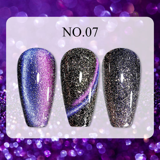 Dreamy Cat Eye • 12 Colors Available press-on nails, shown in three sparkling cat eye styles with blue, pink and black shimmer.
