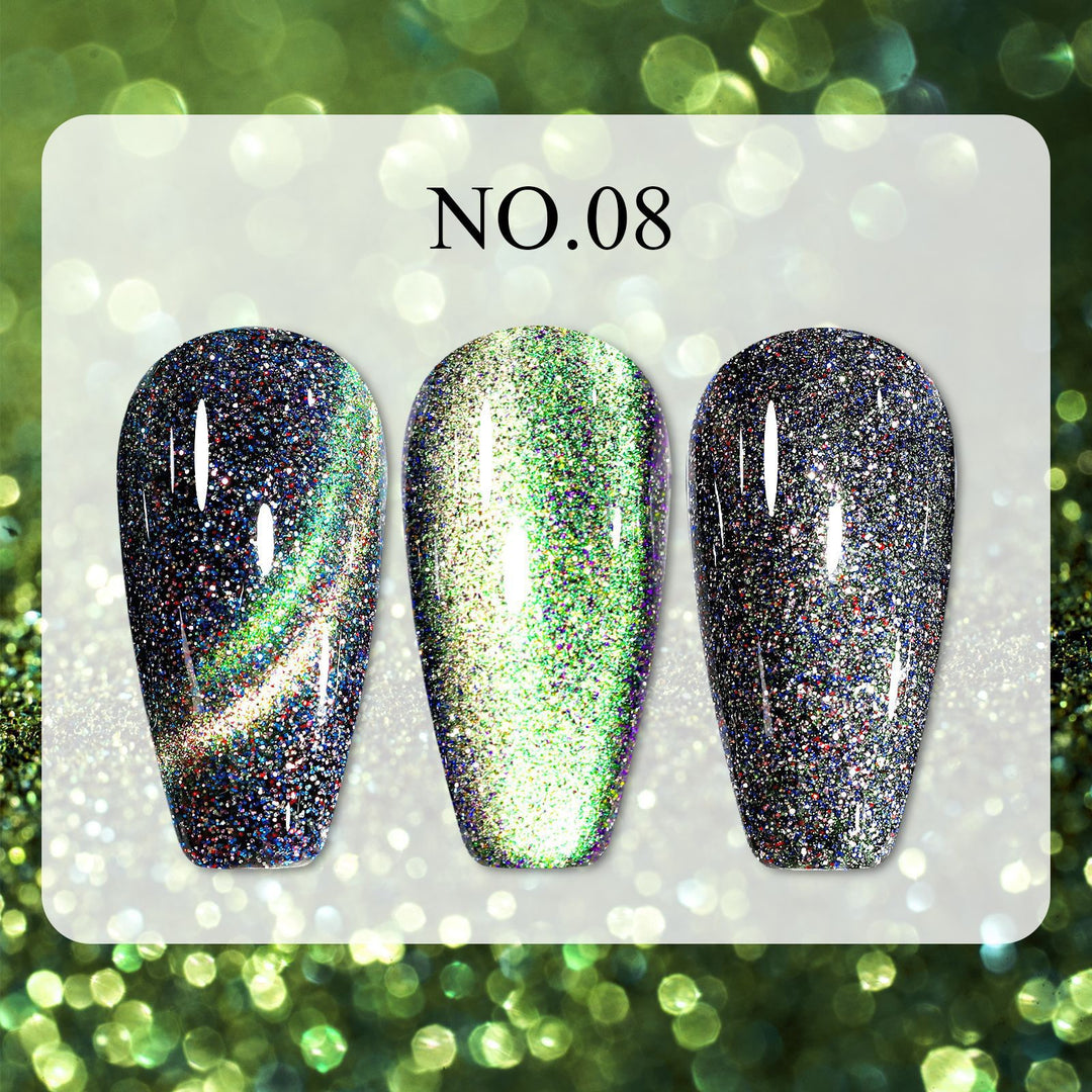 Dreamy Cat Eye • 12 Colors Available press-on nails in wide light, arc, and ordinary sparkle styles, shown in three close-up swatches.