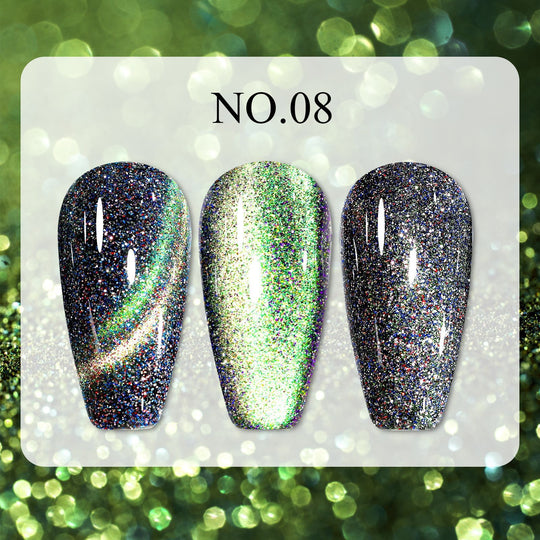 Dreamy Cat Eye • 12 Colors Available press-on nails in wide light, arc, and ordinary sparkle styles, shown in three close-up swatches.