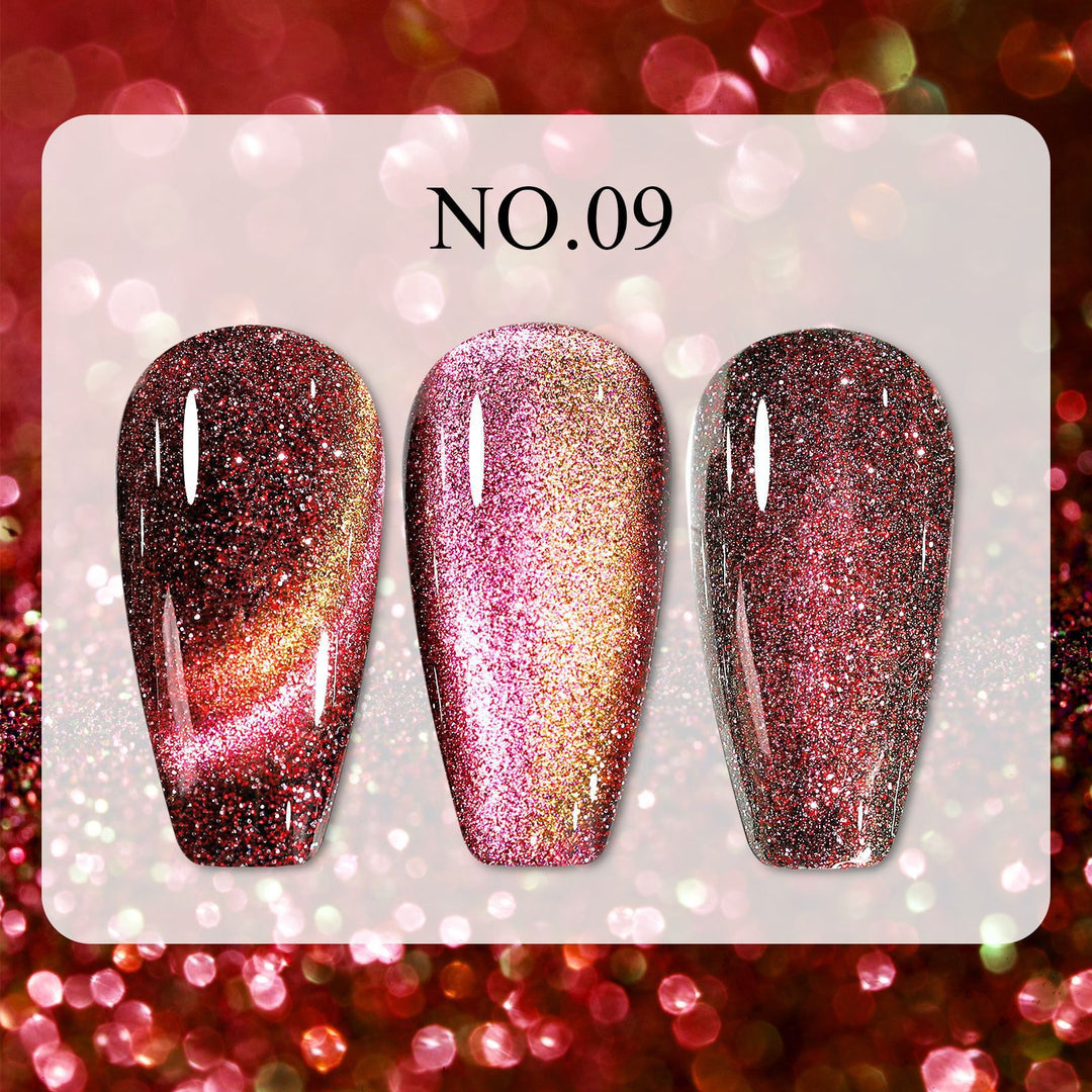 Dreamy Cat Eye • 12 Colors Available press-on nails No.09 in red glitter with wide, arc, and ordinary effects