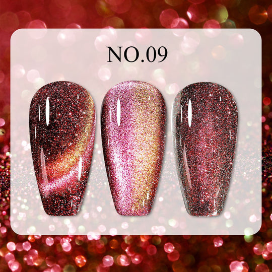 Dreamy Cat Eye • 12 Colors Available press-on nails No.09 in red glitter with wide, arc, and ordinary effects