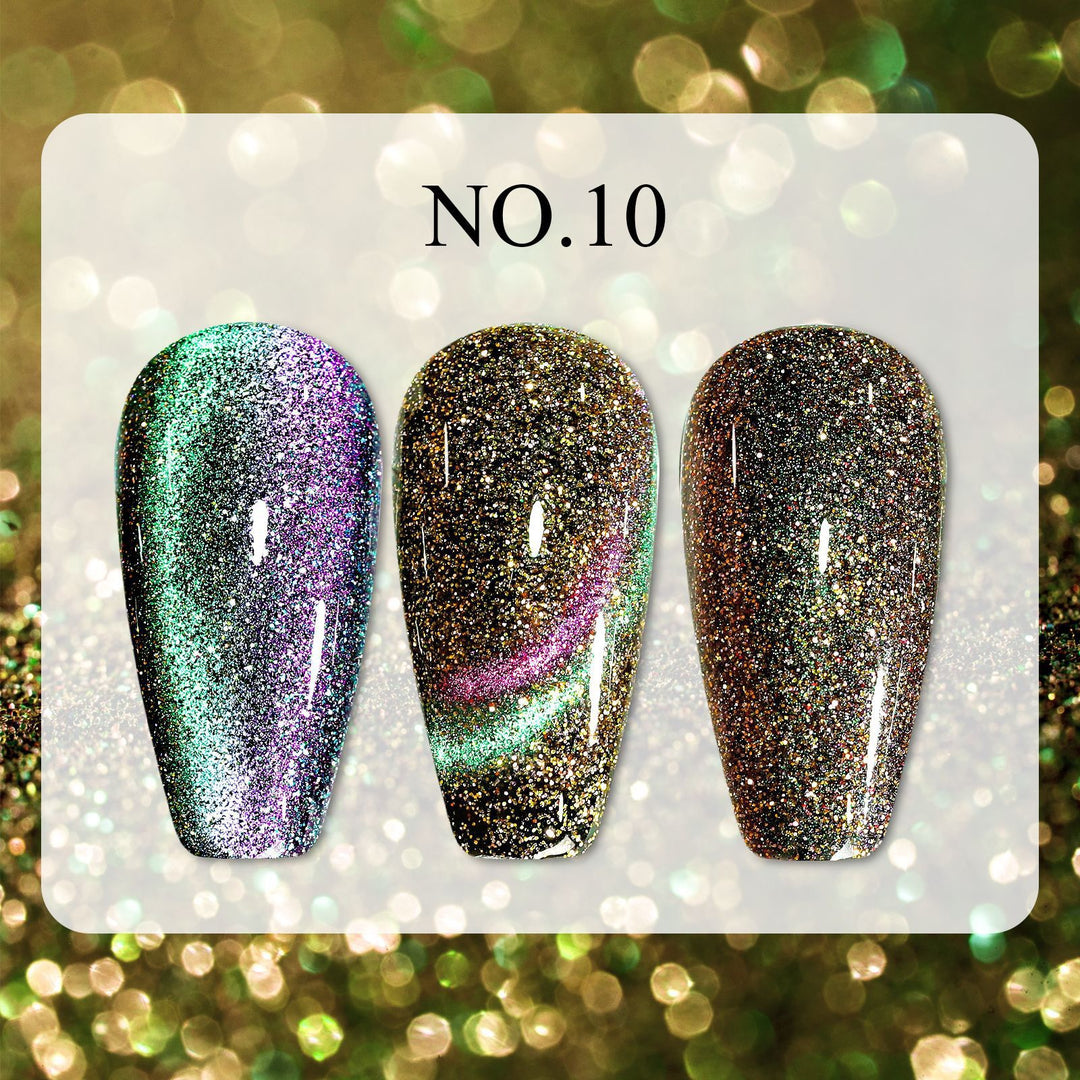 Dreamy Cat Eye • 12 Colors Available press-on nails in three glittery styles, shown as color swatches with cat eye shimmer