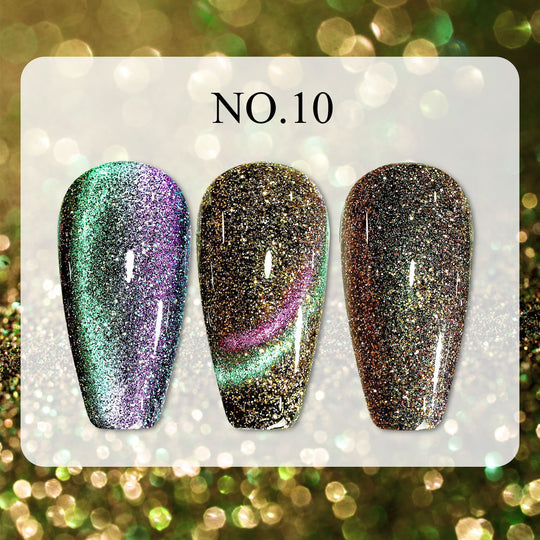 Dreamy Cat Eye • 12 Colors Available press-on nails in three glittery styles, shown as color swatches with cat eye shimmer