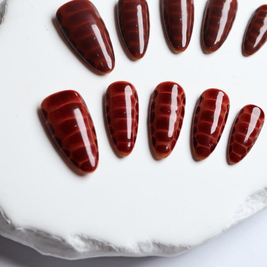 Gator Glaze press-on nails in deep brown glossy crocodile texture, shown laid out in close-up
