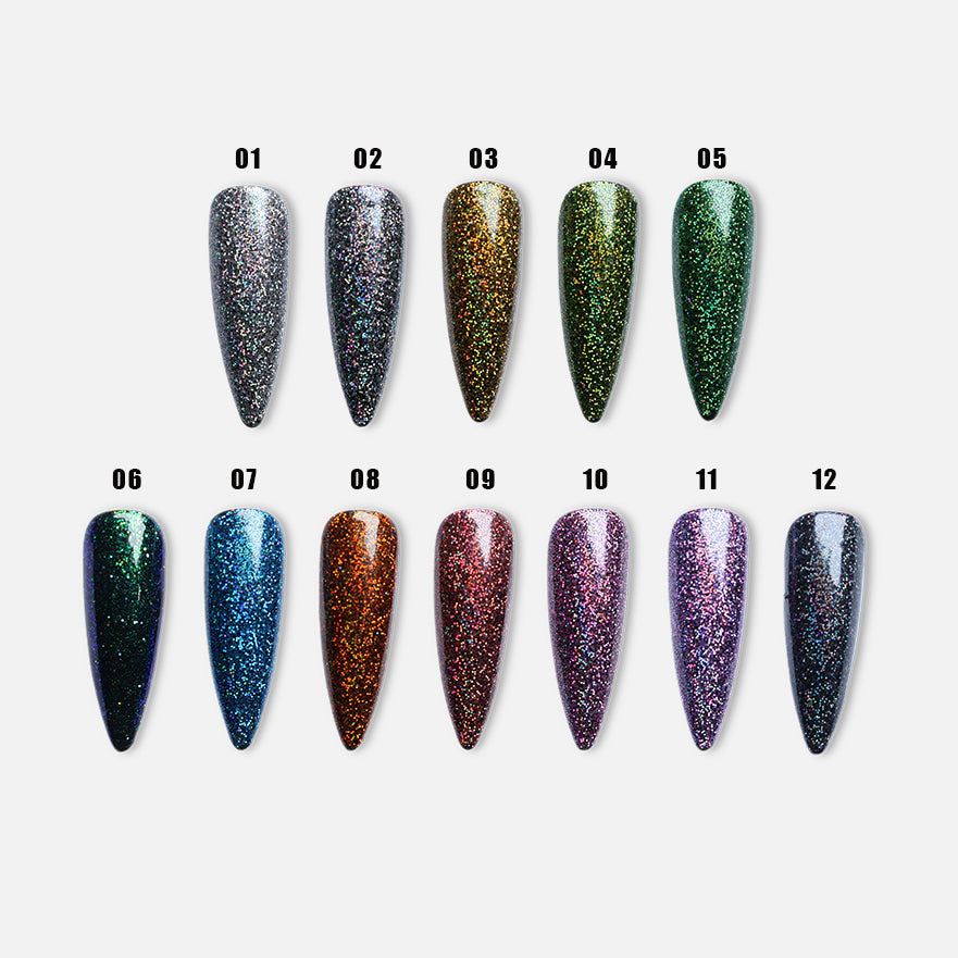 Glitter • 12 Colors Available press-on nails shown as 12 glitter almond tips in silver, gold, green, blue and purple shades
