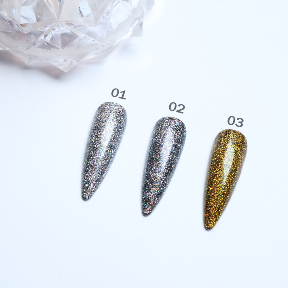 Glitter • 12 Colors Available press-on nails in silver and gold laid out in close-up, showing pointed shapes labeled 01, 02, 03