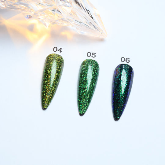 Glitter • 12 Colors Available press-on nails in green and blue glitter, shown in close-up with numbered samples