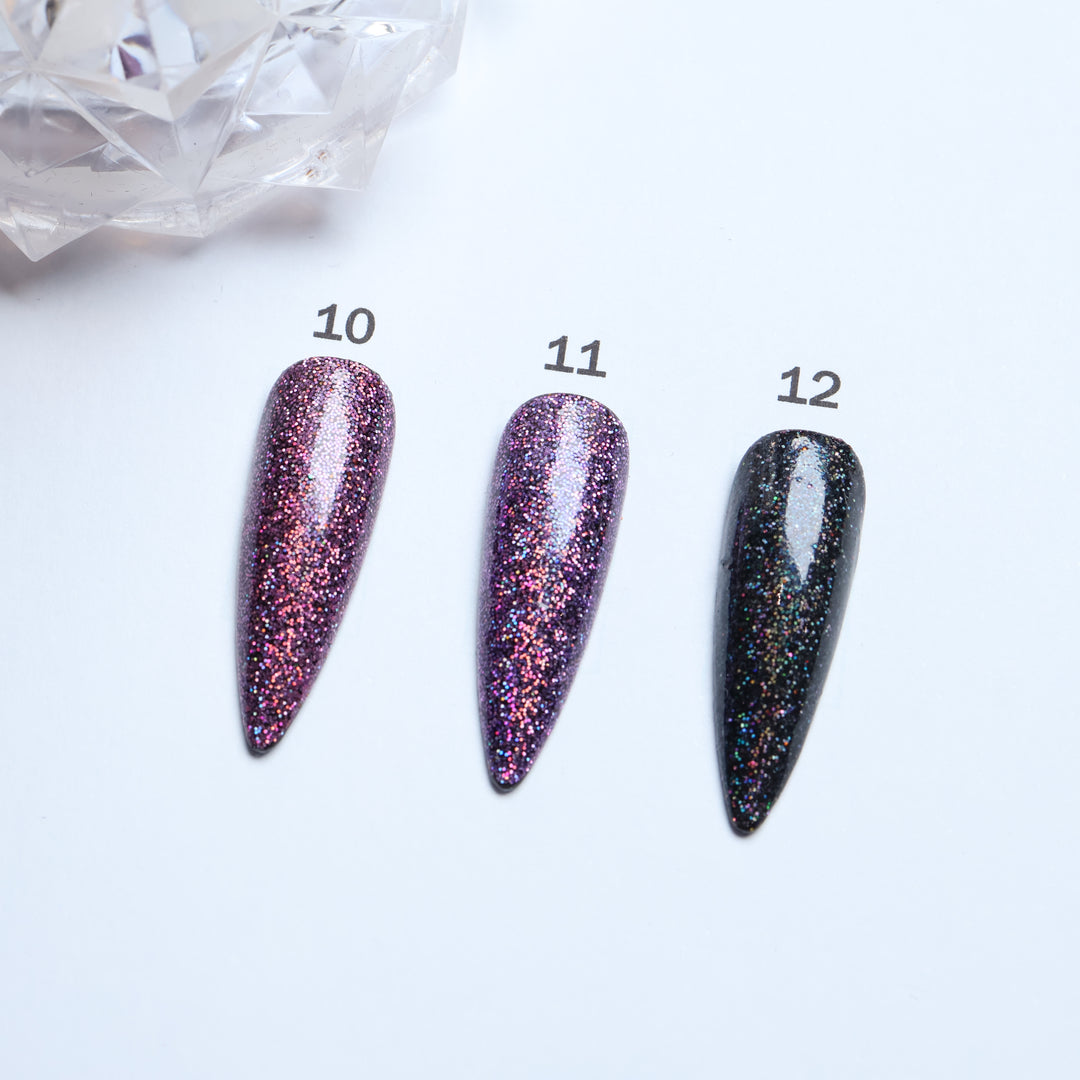 Glitter • 12 Colors Available press-on nails shown in close-up, with three glitter shades in numbers 10, 11, and 12.