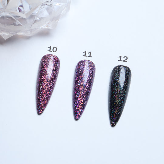 Glitter • 12 Colors Available press-on nails shown in close-up, with three glitter shades in numbers 10, 11, and 12.
