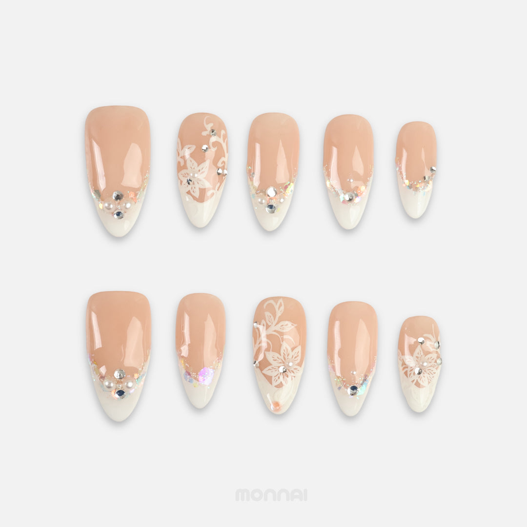 Lily Veil wedding press on nails with white French tips, lilies and pearls