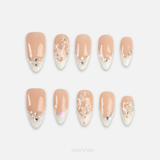 Lily Veil wedding press on nails with white French tips, lilies and pearls