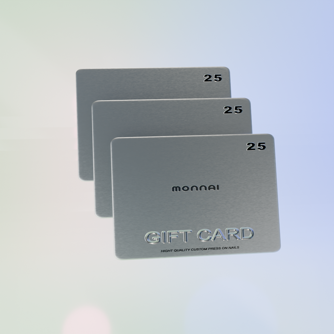 MONNAI Gift Card silver metal design with 25 value and press-on nails