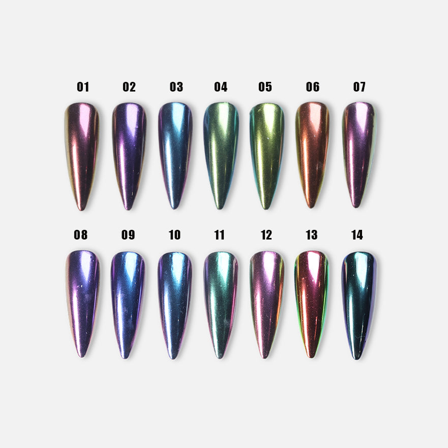 Metallic Gradient • 14 Colors Available press-on nails laid out in 14 chrome gradient shades, numbered 01-14.