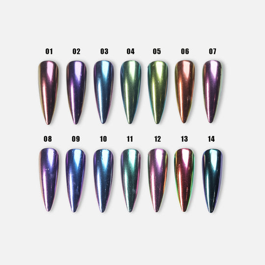 Metallic Gradient • 14 Colors Available press-on nails laid out in 14 chrome gradient shades, numbered 01-14.