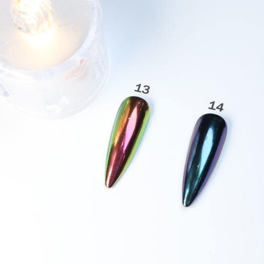 Metallic Gradient • 14 Colors Available press-on nails laid out in close-up, showing colors 13 and 14.