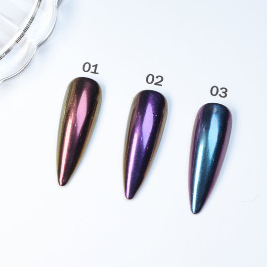 Metallic Gradient • 14 Colors Available press-on nails shown in close-up, numbered 01-03 in rose, purple, and blue.