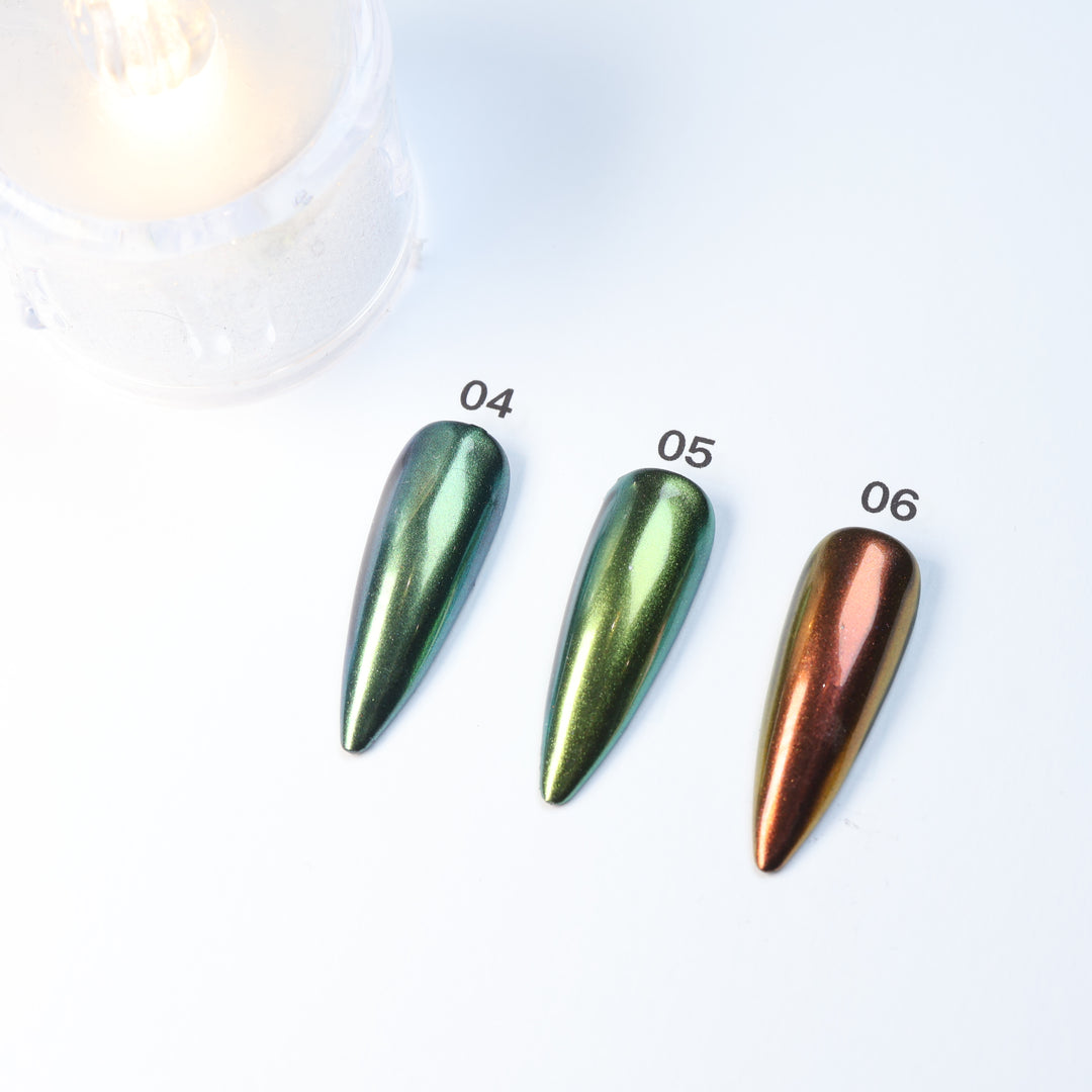 Metallic Gradient • 14 Colors Available press-on nails shown in close-up: green and copper metallic almond tips, numbered 04-06