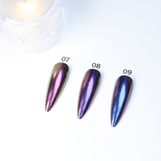 Metallic Gradient • 14 Colors Available press-on nails shown in close-up, colors 07-09 with pointed metallic finish
