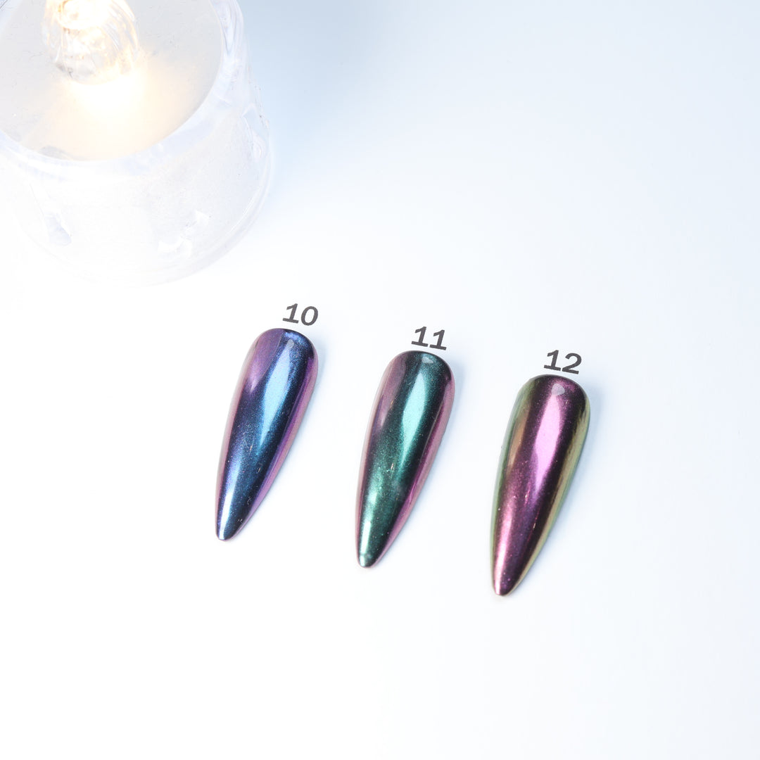 Metallic Gradient • 14 Colors Available press-on nails laid out in close-up, showing shades 10, 11, and 12.