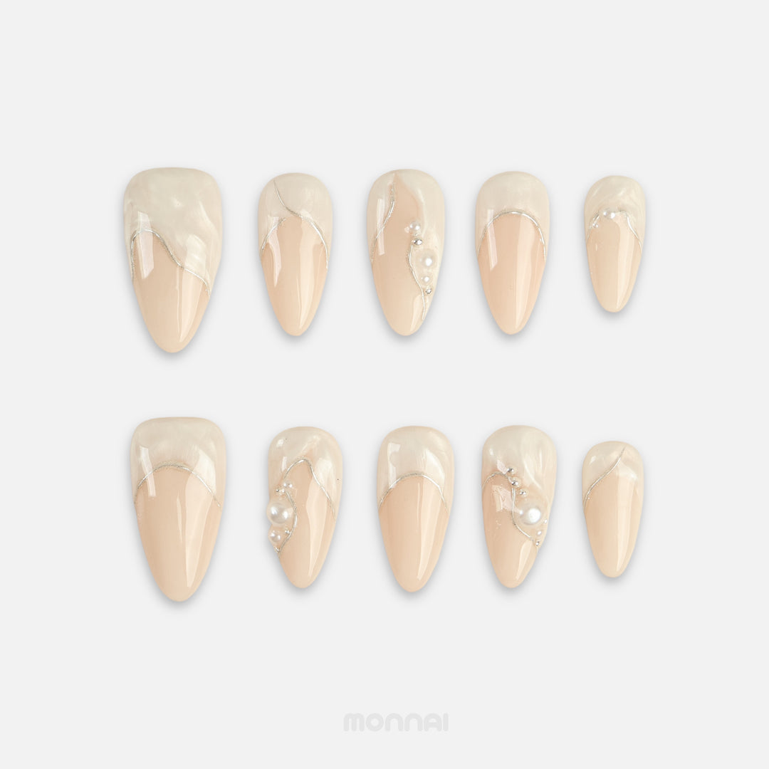 Moonlit Pearl white press on nails with marble French tips, silver lines and pearls