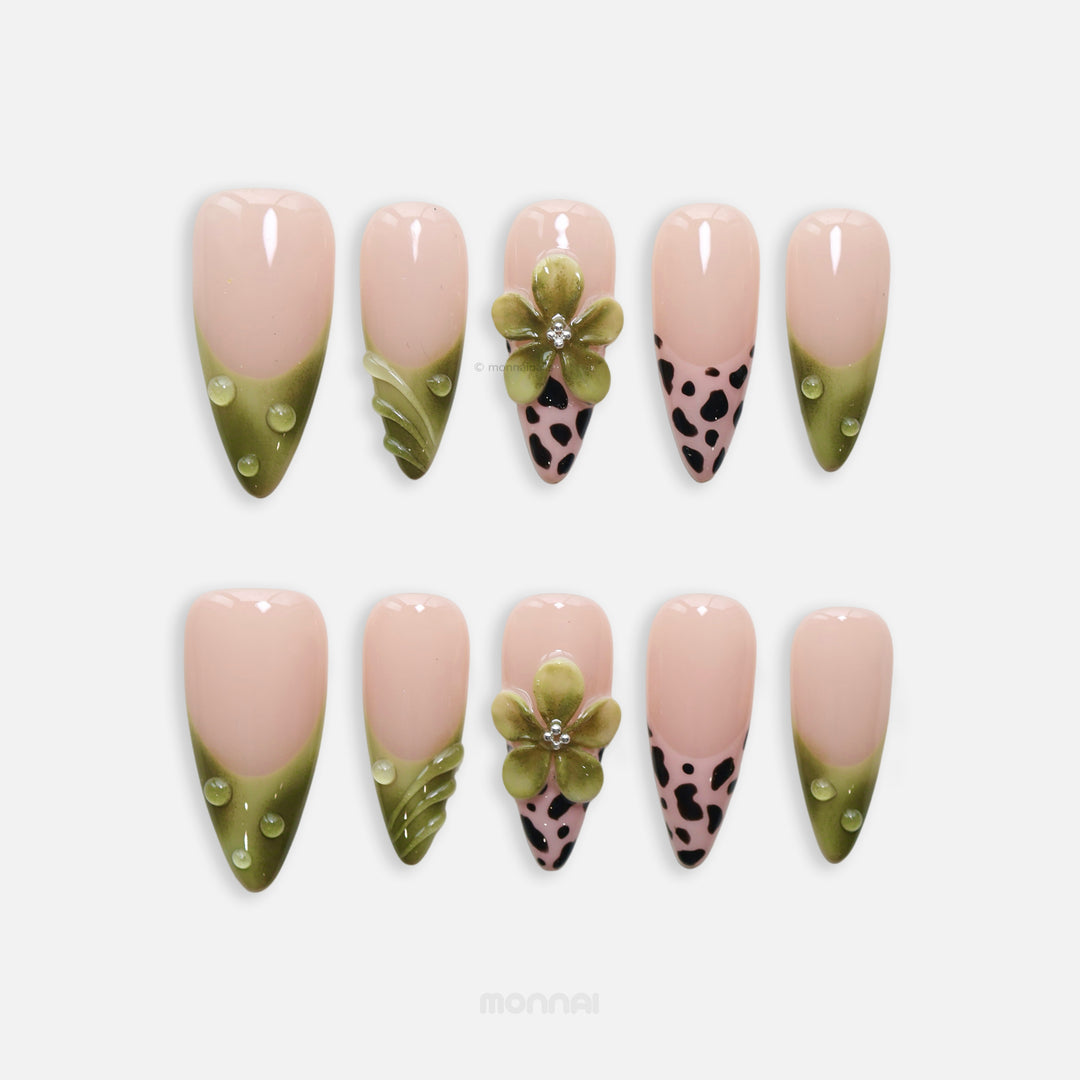 Nature Hunt press-on nails set with olive tips, leopard accents, 3D floral detail, ribbed swirls, and water droplets