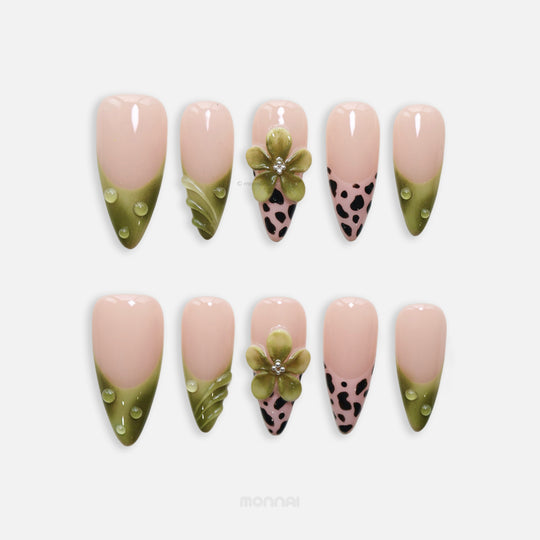 Nature Hunt press-on nails set with olive tips, leopard accents, 3D floral detail, ribbed swirls, and water droplets